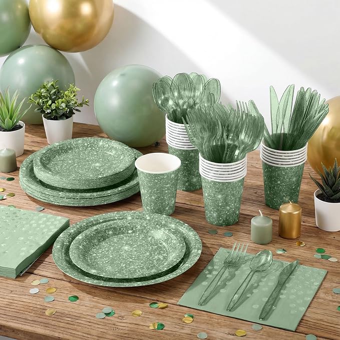 Hushee 175 Pcs 25 Guests Sage Green Paper Party Plates and Cups Napkins Sets Holographic Glitter Disposable Dinnerware Plastic Forks Knives Spoons Birthday Bachelorette Wedding Party Supplies