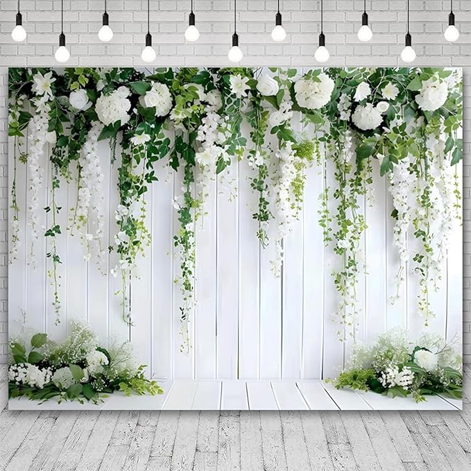 15x8ft White Flower Backdrop Green Leaves Wedding Bridal Shower Photography Background Floral Rustic Wood Wall Birthday Party Banner Decorations Reception Ceremony Portrait Photo Booth Prop