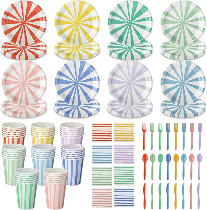Meanplan 288 Pcs Pastel Striped Party Supplies Include 9 Inch Stripe Paper Plate Cups Paper Napkins Colorful Disposable Tableware Striped Pastel Rainbow Dinnerware Set for Baby Shower Birthday Wedding
