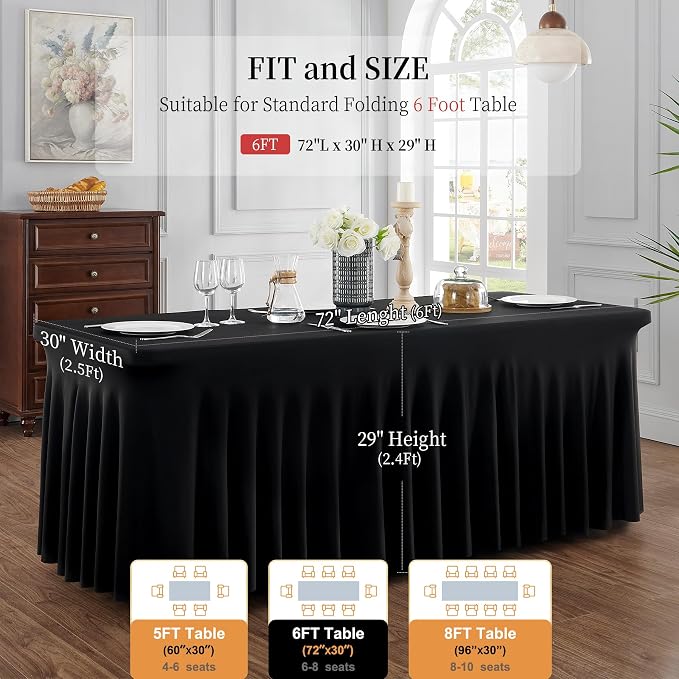 Outpain Spandex Tablecloth for 6 Foot Rectangle Tables, 3 Pack Black Fitted Table Cloths 6ft Stretchy Banquet Table Clothes Cover Desk Skirt for Birthday Wedding Parties Baby Shower