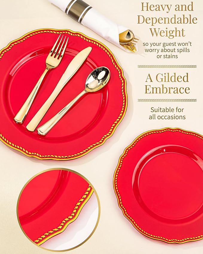 Hioasis 175pcs Red Gold Plastic Plates - Red Plastic Dinnerware Set Includes 25 Dinner Plates, 25 Dessert Dinnerware, 25 Cups, 25 Pre-rolled Napkins Perfect for Wedding & Party & Mother’s Day