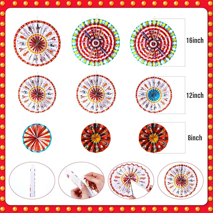 Outus 21 Pcs Carnival Party Decorations with Circus Hanging Paper Lanterns Fans Red Yellow Blue Paper Pom Poms Tissue Flowers for Carnival Circus Birthday Baby Shower Party Favors Supplies