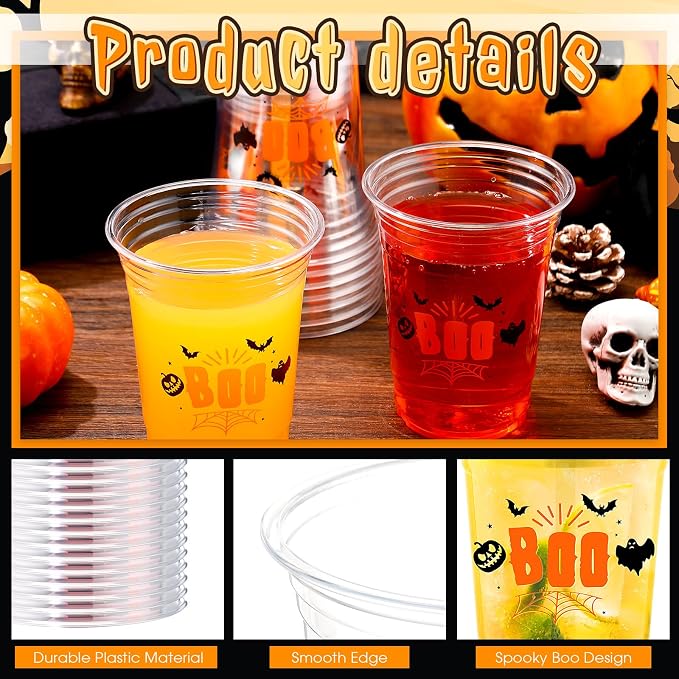 100 Pcs Halloween Plastic Cups Bulk 16 oz Disposable Halloween Boo Party Cups Spooky Clear Plastic Glasses for Trick or Treat Scary Party Supplies Cold Drinks