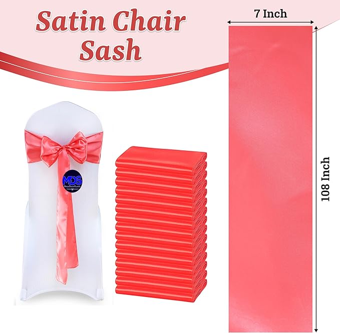 MDS Satin Chair Sashes, 200 Pack, 7”x108” Each, Decorative Chair Bows Ribbon Tie Backs for Wedding Party, Holiday Dinner, Birthday, Reception, Banquet, Hotel & Event Decoration - Coral