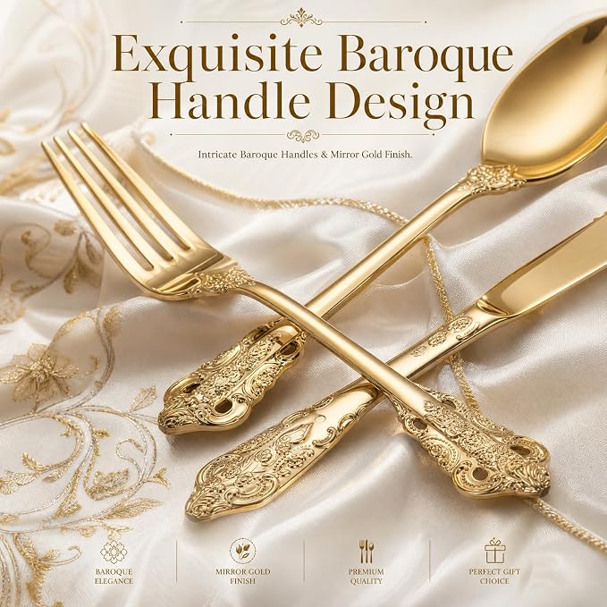 WDF 120PCS Gold Plastic Silverware - Heavy Duty Gold Plastic Cutlery Set Disposable Utensils - 40 Forks, 40 Spoons, 40 Knives, Perfect for Party Weeding Daily Use Baby Showe Spring