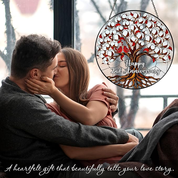 2nd Wedding Anniversary Stained Glass Suncatcher, Cotton Anniversary Wedding Gift, 2nd Anniversary Marriage Gifts for Couples, Wife, Husband or Parents, 2 Year Marriage Celebration