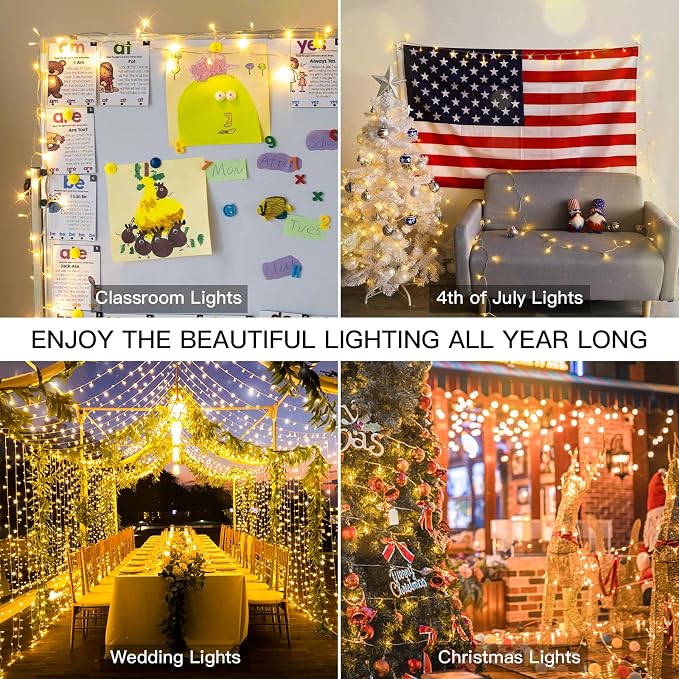 suddus 300 Led Connectable Christmas Lights Outdoor Waterproof, 99ft Christmas Tree Light Plug in with Remote, Warm White String Lights Indoor for Dorm Xmas Holiday Yard Party Porch Patio Garden Decor