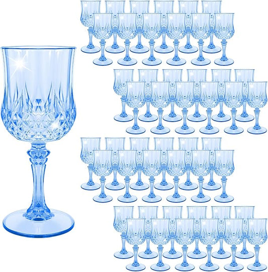 48 Pack Light Blue Plastic Wine Glasses, 7.5oz Vintage Plastic Goblets, Reusable Retro Embossed Water Glasses, Durable and Sturdy Wine Glass for Wedding Reception Grand Event Party Bar Juice Supplies