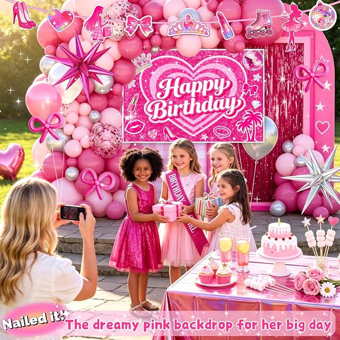 Pink Birthday Party Decorations for Girls, 135pcs Complete Kit - Rose Gold Balloons, Happy Birthday Banner, Backdrop, Tablecloth, Fringe Curtain, Sash for Girls Birthday Decor