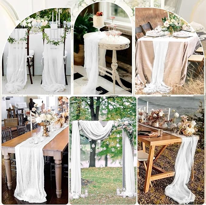 10 Pcs White Cheesecloth Table Runner 10FT, Gauze Cheese Cloth for Wedding Reception Rustic Sheer Bridal Shower Birthday Party Boho Table Decoration, Romantic Wedding Runner