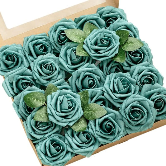 Ling's moment Artificial Flowers 25Pcs Turquoise Roses Decor w/Stems,3" DIY Foam Floral for Wedding Bouquet/Centerpieces, Outdoors Party Backdrop, Room/Table, and Garden/Pot Decorations