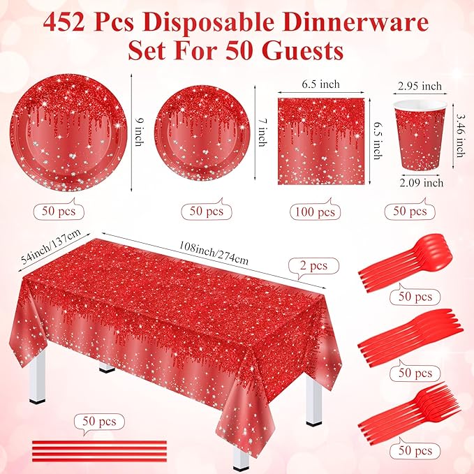 452 Pcs Red Birthday Party Decoration for 50 Guest, Red Diamond Glitter Paper Plates Napkins Cups Tablecloth Cutlery Straws Tableware for Birthday Wedding Baby Shower Graduation Party Supply