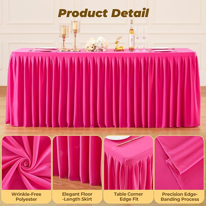 Red Polyester Table Cloths for Rectangle 8 Foot Tables, 2 Pack Wrinkle Free Tablecloths Stretchy Banquet Ruffle Fitted Table Cover Desk Skirt for Parties Wedding Birthday Baby Shower