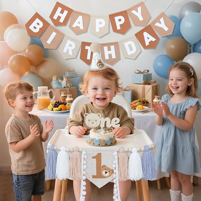DCJHFJ Bear First Brown Felt Happy Birthday High Chair Banner Pre-strung Birthday Hanging Decoration with Birthday Hat One Cake Topper for 1st Birthday Party Decor