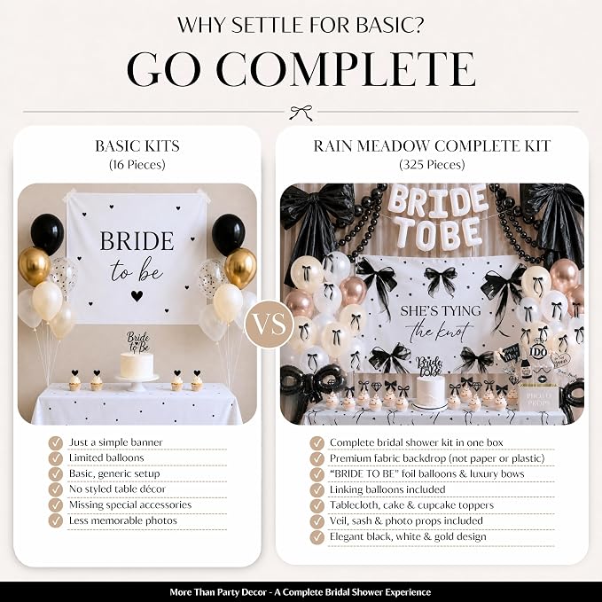 325 Pc Black Bow Bridal Shower Decorations Set - She’s Tying the Knot Bridal Shower Decorations with Black Bow Balloons, Backdrop, Bride to Be Banner - Elegant Bachelorette Party Decor Kit