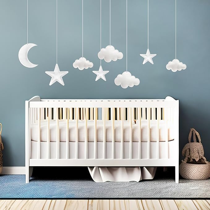 Ayfjovs 8pcs 3D Hanging Cloud Set with Moon and Stars for Ceiling Decor, Felt Artificial Ceiling Clouds for Art Stage Wedding Nursery Children Room Party Baby Shower Cloud Props