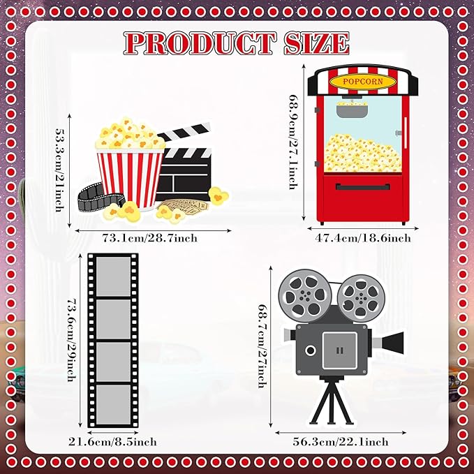 Honoson 4 Pcs Large 20" x 30" Graduation Movie Theme Party Decorations Red Carpet Cardboard Cutouts Photo Booth Props for Movie Night Theater Academy Awards Birthday Supplies Camera Popcorn