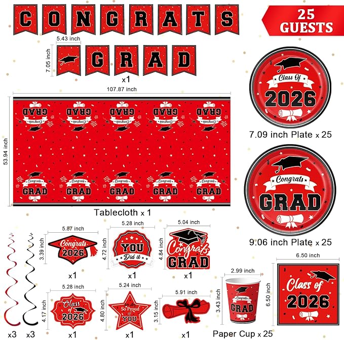 Leetous 2026 Graduation Party Decor Supplies Favors for Class, Red and Black Grad Plates Napkins Cups Tablecloth for College & High School, Disposable Tableware Accessories Kit Stuff for 25 Guests