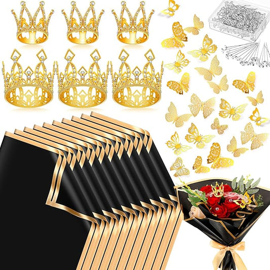 Ceenna 294 Pcs Flower Bouquet Accessories Include 40 Sheet Gold Edge Flower Wrapping Paper 6 Mini Crown 48 3D Butterfly Decor and 200 Bouquet Pin for Mother's Day Birthday DIY(Gold, Black)