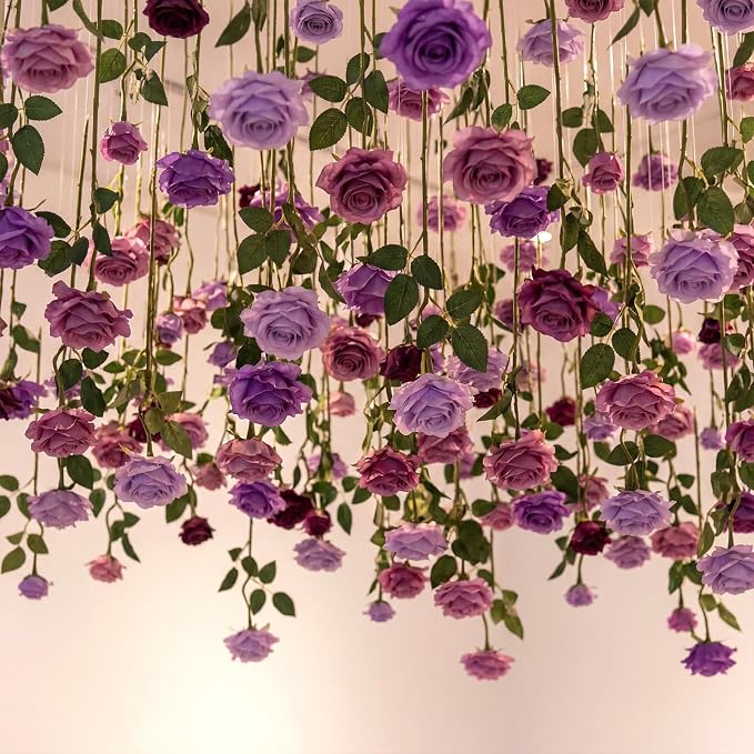 Lyrow 60 Pack Lavender Purple Artificial Flower Hanging Ornaments Purple Roses Floating Garland Moody Vintage Mauve Wedding Lilac Boho Cottagecore Ceiling Garland Bridal Shower Bouquet Table Decor