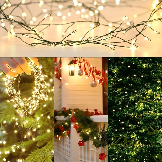 FairyGlim Outdoor Fairy Lights Battery Operated,20Ft 200LED Green Copper Wire Cluster Lights with Timer,Twinkle Firecracker String Lights, Mini Lights for Christmas Tree Wreath,Warm White,2 Pack