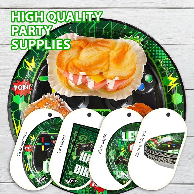 Grencian 96Pcs 7th Birthday Party Decorations Green Video Game Paper Plates Disposable 7th Birthday Paper Tableware Set for Boys 7 Year Old Video Gamer Birth-day Gaming Party, Serves 24