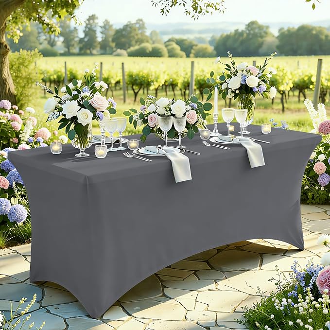 Moosfor Spandex Elastic Fitted 6FT Rectangle Tablecloth 6 Pack, Stretch Washable Reusable Table Cover for Outdoor Picnic, Dining, Wedding, Banquet & Party Events (Dark Grey, 72Lx30Wx30H Inch)