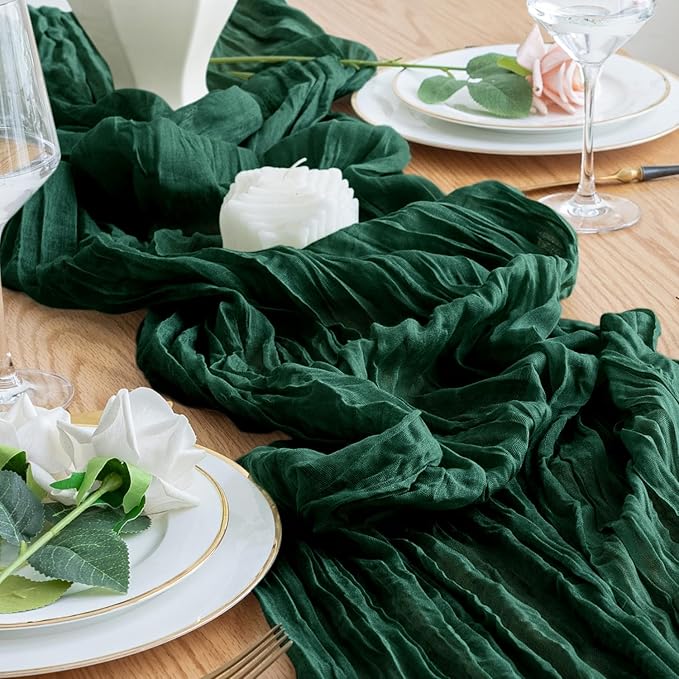 6PCS Table Runner Cheesecloth 10FT Emerald Green Boho Gauze Cheese Cloth Rustic Sheer Table Runners for Wedding Bridal Baby Shower Party Decoration