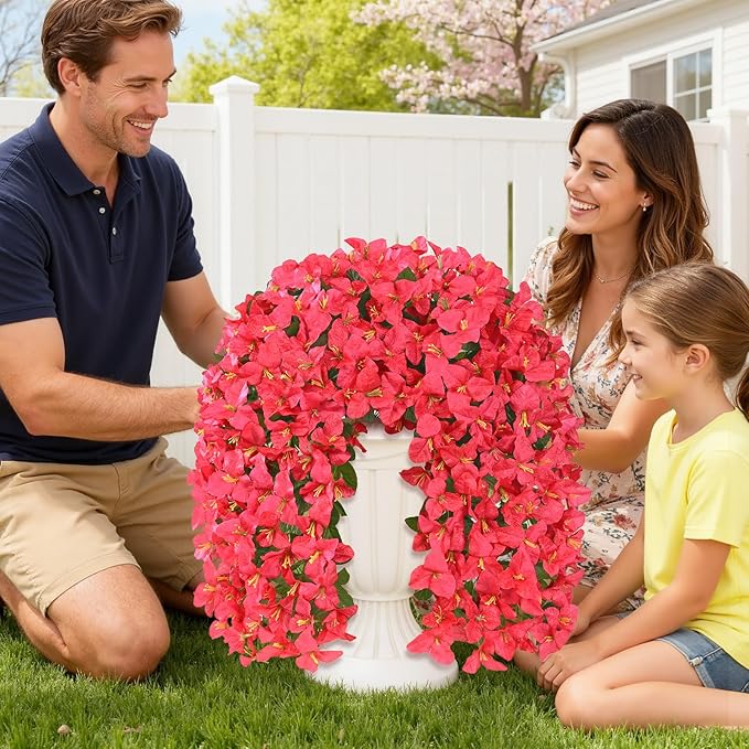 Livole 4Pcs Bougainvillea Artificial Flowers for Outdoors, Realistic UV Resistant Red Faux Outdoor Plants Flowers, Silk Hanging Fake Flowers for Outside Home Porch Patio Balcony Garden Decor