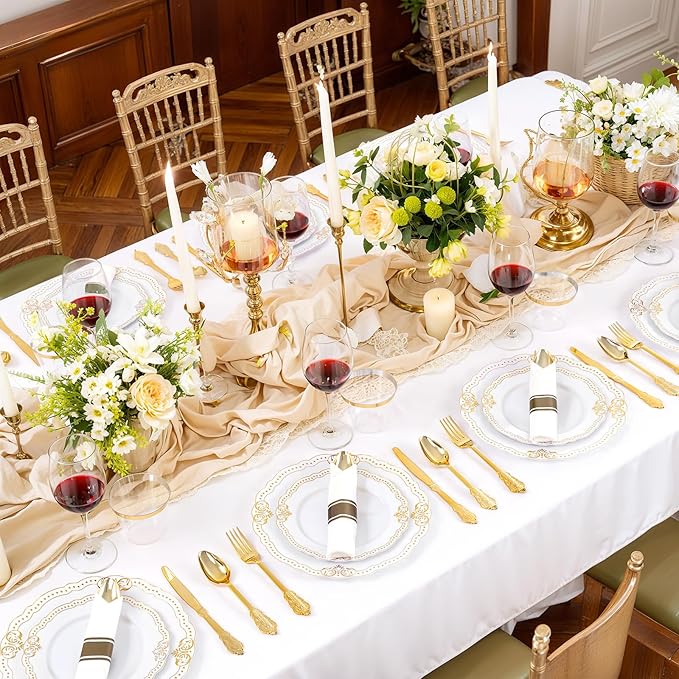 Ciaell 350 PCS Gold Plastic Plates - White and Gold Plates - Gold Disposable Plates Include 50 Disposable Plate, 150 Heavy Duty Silverware, 50 Cups, 50 Napkins for Wedding & Party