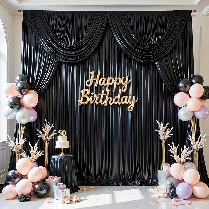 20x10ft Black Glitter Backdrop Curtain for Parties, Wrinkle Free Satin Photo Backdrop Drapes 4 Panels 5x10FT Shimmer Back Drop Cloth for Wedding Birthday Baby Shower Photography Background Decor
