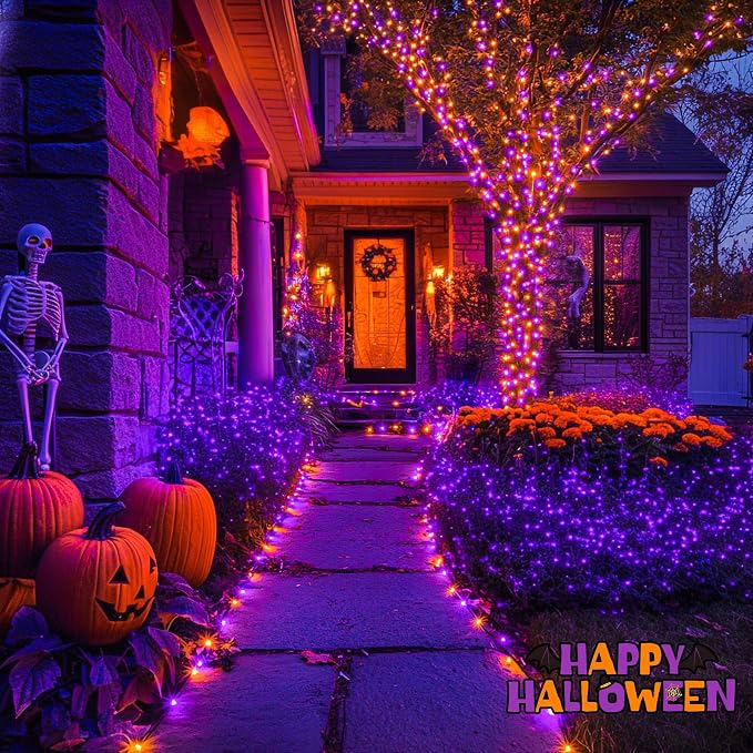 JMEXSUSS 2 Pack Solar String Lights Outdoor Waterproof, Total 400 LED 151FT Solar Christmas Lights Outdoor, 8 Modes Christmas Light for Outside Patio Yard Tree Decorations, Orange and Purple