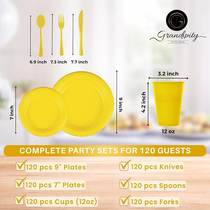 Grandipity 720 Piece Yellow Disposable Dinnerware Set, Plastic Dinnerware Set Includes 120 Count 9' Dinner Plates, 7' Dessert Plates, 12oz Cups, Forks, Knives & Spoons