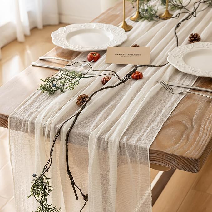 Keketoarrange 10pcs Ivory Gauze Rustic Cheesecloth Table Runner 120 Inch 10 FT for Wedding Baby Shower Bridal Shower Birthday Engagement Garden Outdoor Party Long Sheer Boho Decorations
