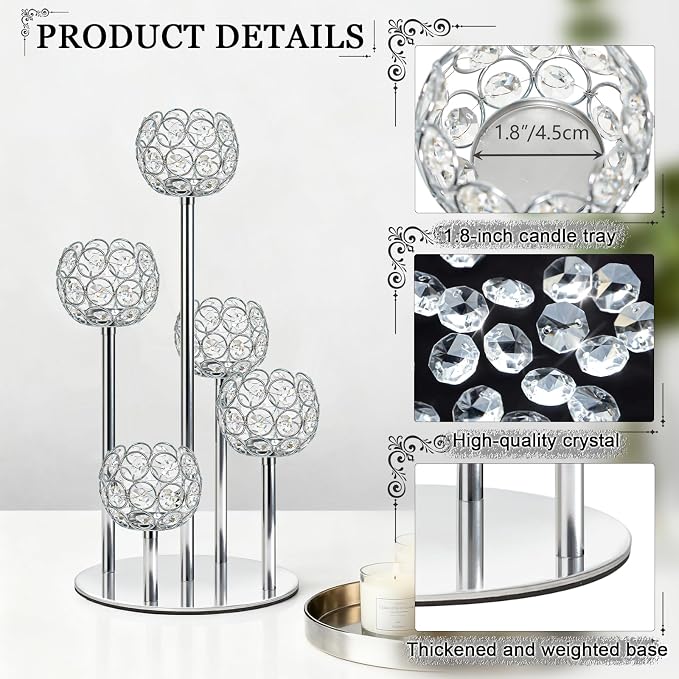5-Arm Crystal Tealight Candelabra Centerpiece, 14.8 Inch Metal Candle Holder for Table Decor, Wedding, Christmas, Party, Anniversary & Home Decoration (1, Silver, S-14.8 in)
