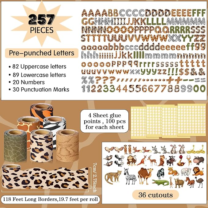 Kosiz Safari Animal Bulletin Board Decoration Set 118 ft Scalloped Bulletin Board Borders Classroom Poster Border Trim with 257 Pcs Letter Number Symbol Cutout for School Decor