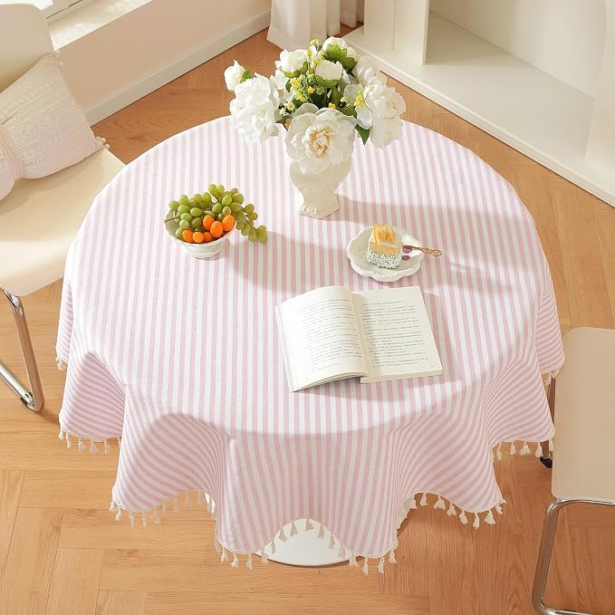 meioro Striped Round Tablecloth, Cotton Blend Fabric Pink Circle Table Cloth with Tassel, Washable Wrinkle Free Table Cover Cute Small Tablecloths for Card Coffee Tables Home Party - Round 60 Inch