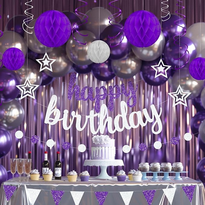 Purple and Silver Birthday Party Decorations Set - Happy Birthday Banner Balloons Foil Curtains Hanging Swirls for Women Girls Birthday Party Supplies