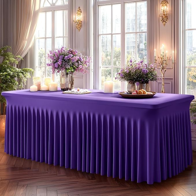 2 Packs Purple Spandex Table Covers 4 Foot, Fitted Stretch Table Cloth with Skirts 48x24 Inch, Wrinkle-Free Floor Length Rectangle Tablecloths for Trade Show Weddings Parties Banquets Events