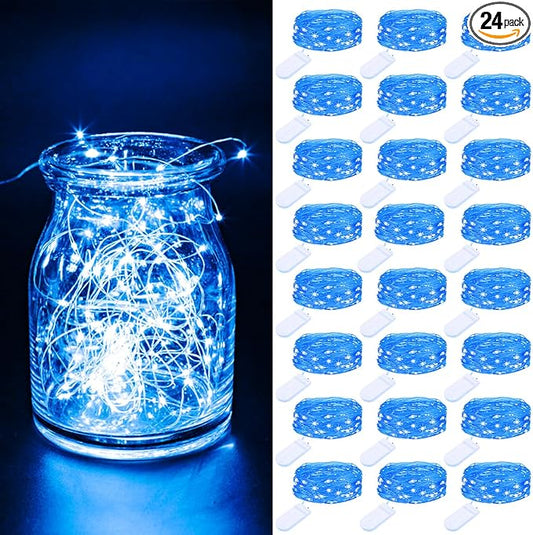 litogo 24 Pack Fairy Lights Battery Operated, 7ft 20 LED Waterproof Fairy String Lights Small Mini Light for Mason Jars Vases Table Centerpieces Wedding Decorations Christmas Tree, Warm White, Blue