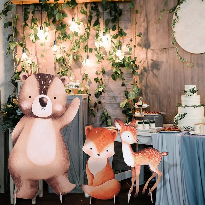 Leinuosen 3 Pcs Large Woodland Animals Baby Shower Decorations Set 23-35 Inch Woodland Party Stand Decoration Bear Fox Deer Cardboard Cutouts Forest Theme Photo Booth Prop for Nursery Birthday Party