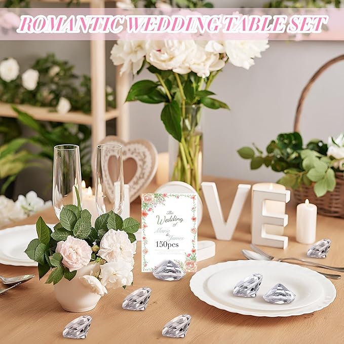 Fulmoon 150 Pcs Diamond Table Number Holders Acrylic Place Card Holder Crystal Tabletop Card Stand for Wedding Party Baby Shower Table Centerpieces Decoration, Clear