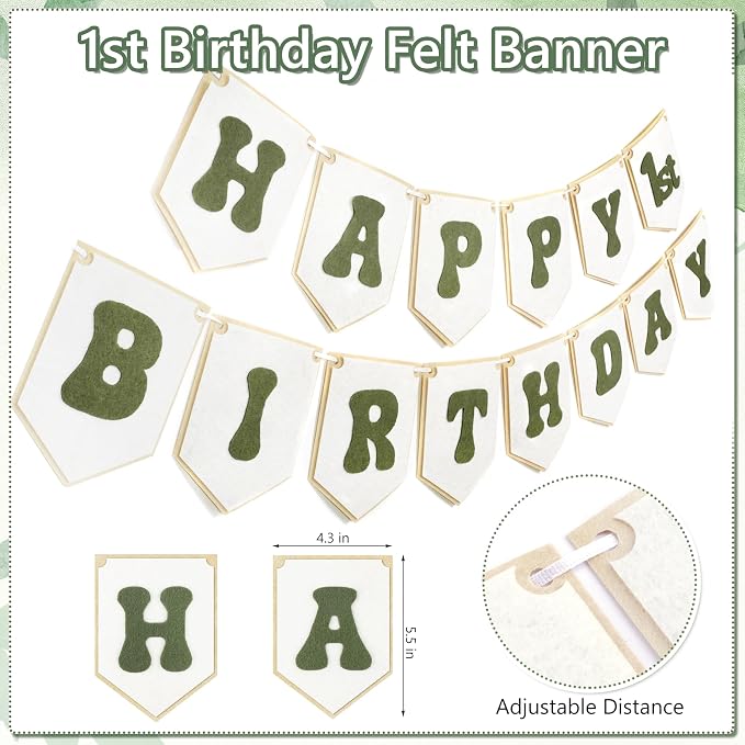 THAWAY 1st Birthday Decorations Boy, White Green First Birthday Becorations for Boy with Banner, Tassel Wood Bead High Chair Banner, Hat and Wood Cake Topper for One Year Old Party Decor