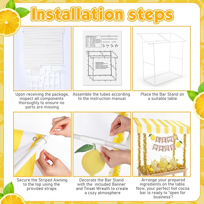 7 Pcs Lemonade Stand Supplies Lemonade Bar Party Decorations with 1 Set Plastic Stand 1 Yellow and White Striped Sunshade Cloth 4 Yellow Tinsel 1 Banner Sign for Outdoors Summer Party Supplies