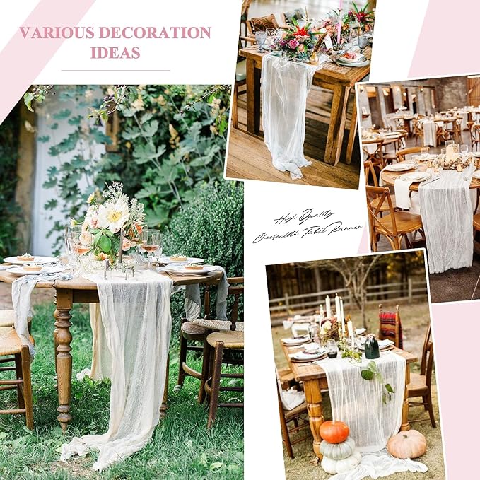 8 Pack 10Ft Cheesecloth Table Runner White, 20 x 120 Inch Rustic Gauze Boho Cheese Cloth Wedding Long Table Runner for Wedding Party Bridal Shower Decoration