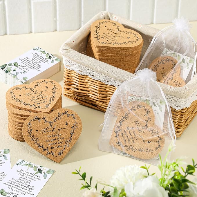 100 Sets Rustic Wedding Favor Coasters, Heart Cork Coasters for Guests, Mr & Mrs Coaster Favors with Thank You Cards & Organza Bags, Bridal Shower Party
