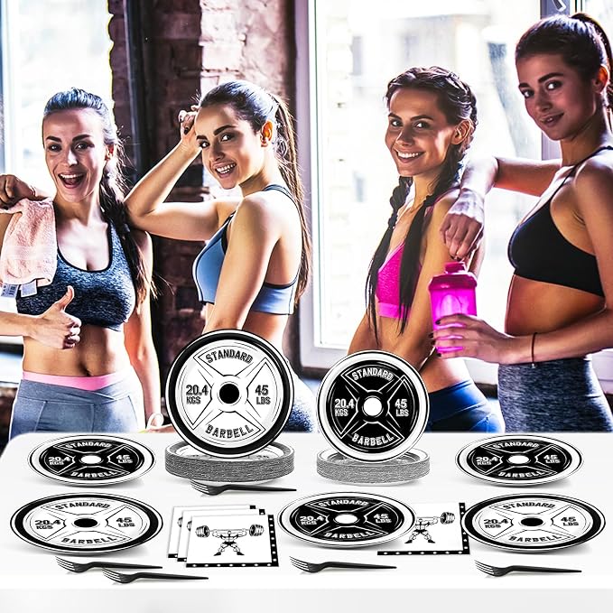 50 Guests Gym Birthday Party Supplies Decoration Bodybuilder Plates and Napkins Forks Weightlifting Tableware Barbell Birthday Party Paper Plates for Gym Lovers and Weight Lifters 200PCS