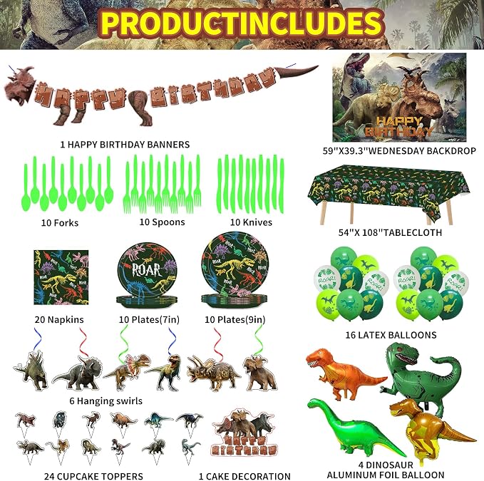 Dinosaur Themed Birthday Party Decoration Kit - Includes Backdrop, Tablecloth, Birthday Banner, Cake/Cupcake Toppers, Hanging Swirls, Disposable Tableware Set, Latex and Foil Balloon(Triceratops)