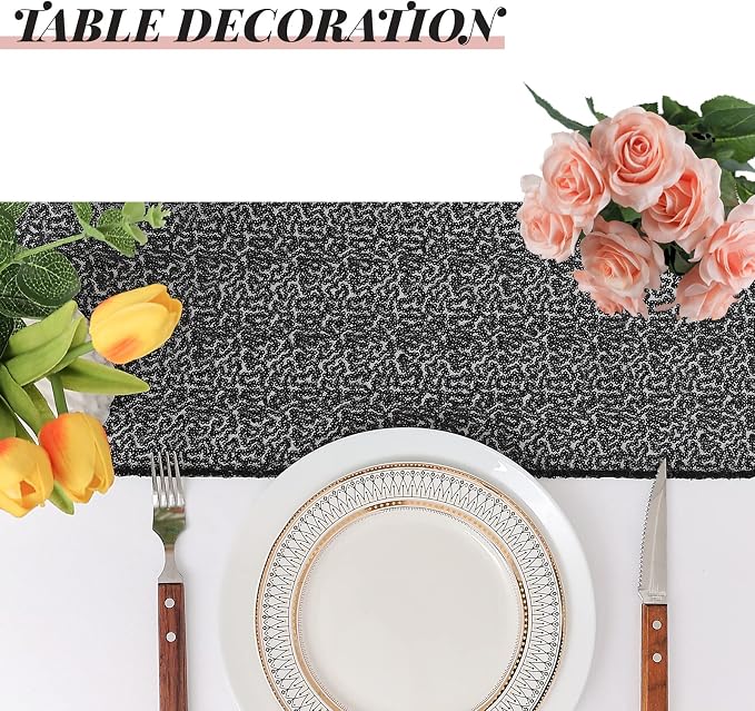 Sugargirl 10 Packs 12 x 72 inches Sequin Table Runner, Glitter Black Table Runner for Birthday Party Supplies Wedding Holiday Celebration Event Decorations