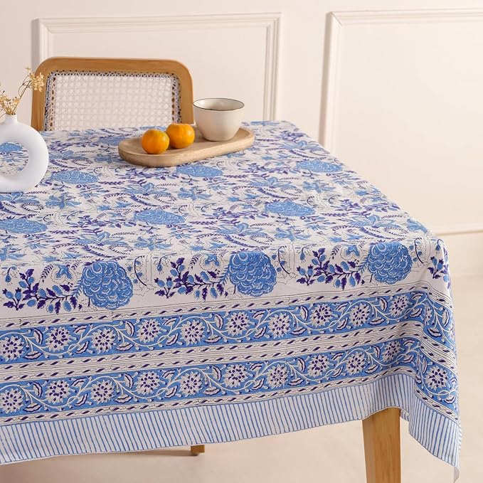Hand Block Printed Tablecloth, Colorful Floral Print, Indian Artisan Handmade Art, Dining Room, Kitchen, Outdoor Décor, (Bluebell Delight, 6 Seater 60 x 90 Inches Rectangle)